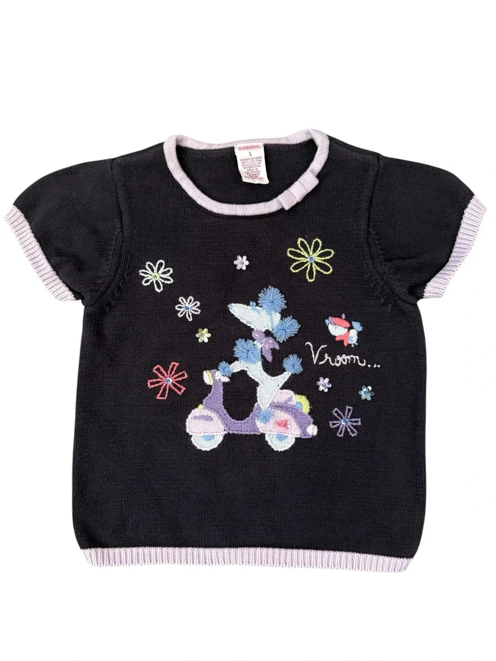 Vintage 2003 Gymboree Dog Scooter Embroidered Floral Cotton Knit Sweater 5 Y2K